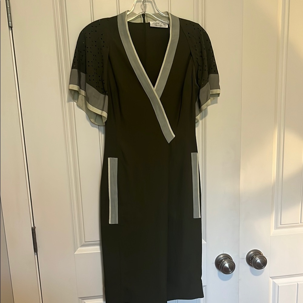 Elegant Olive Green Dress with Sheer Sleeves Byron Lars